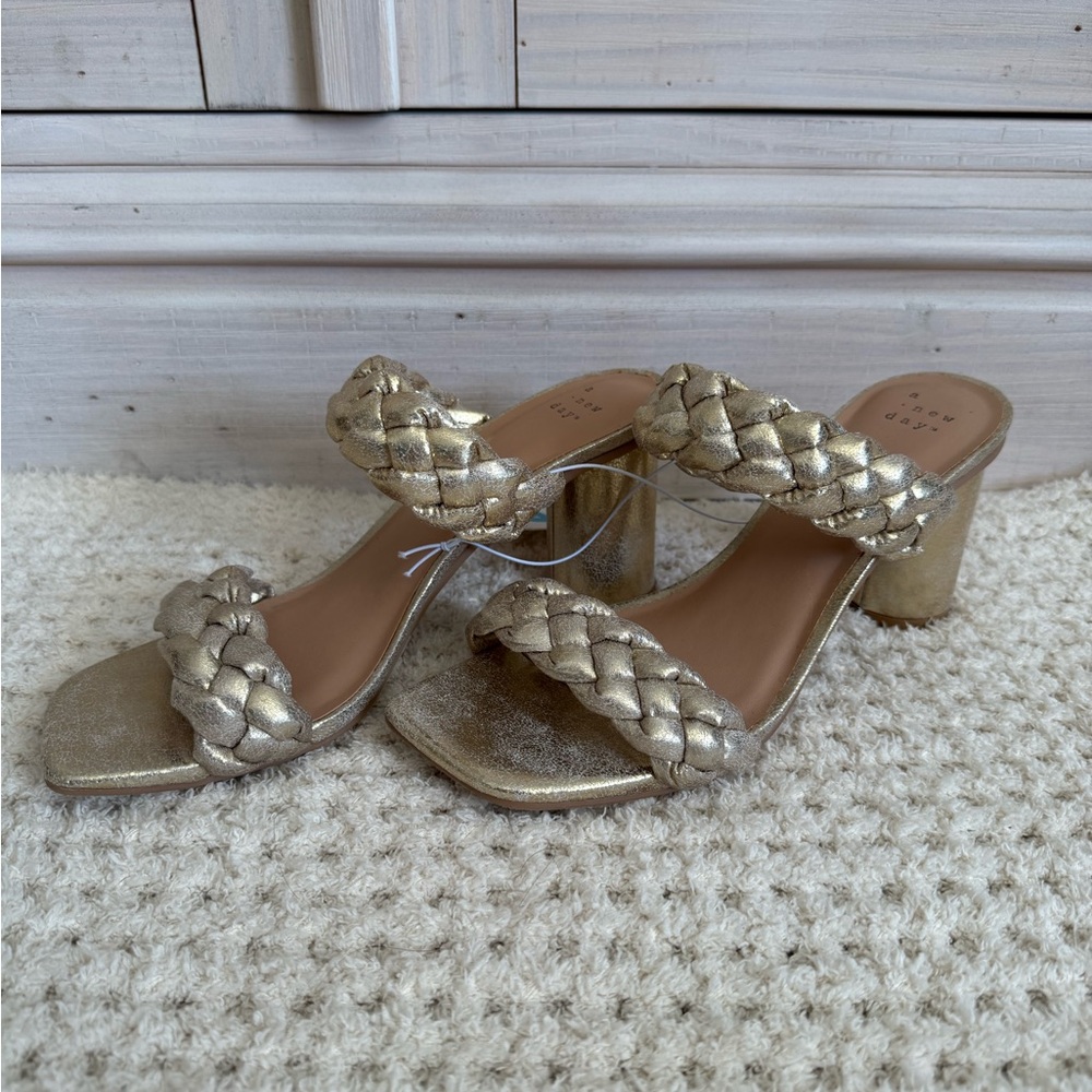 Braided Double-Strap Block Heel Sandals in Metallic Gold